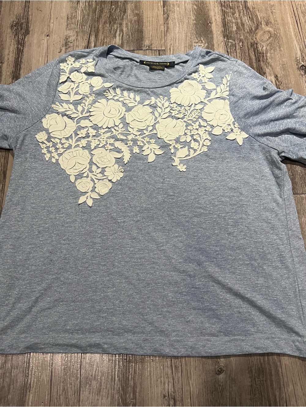 Pankaj and Nidhi Blue and White Floral Shirt with delicate design size L